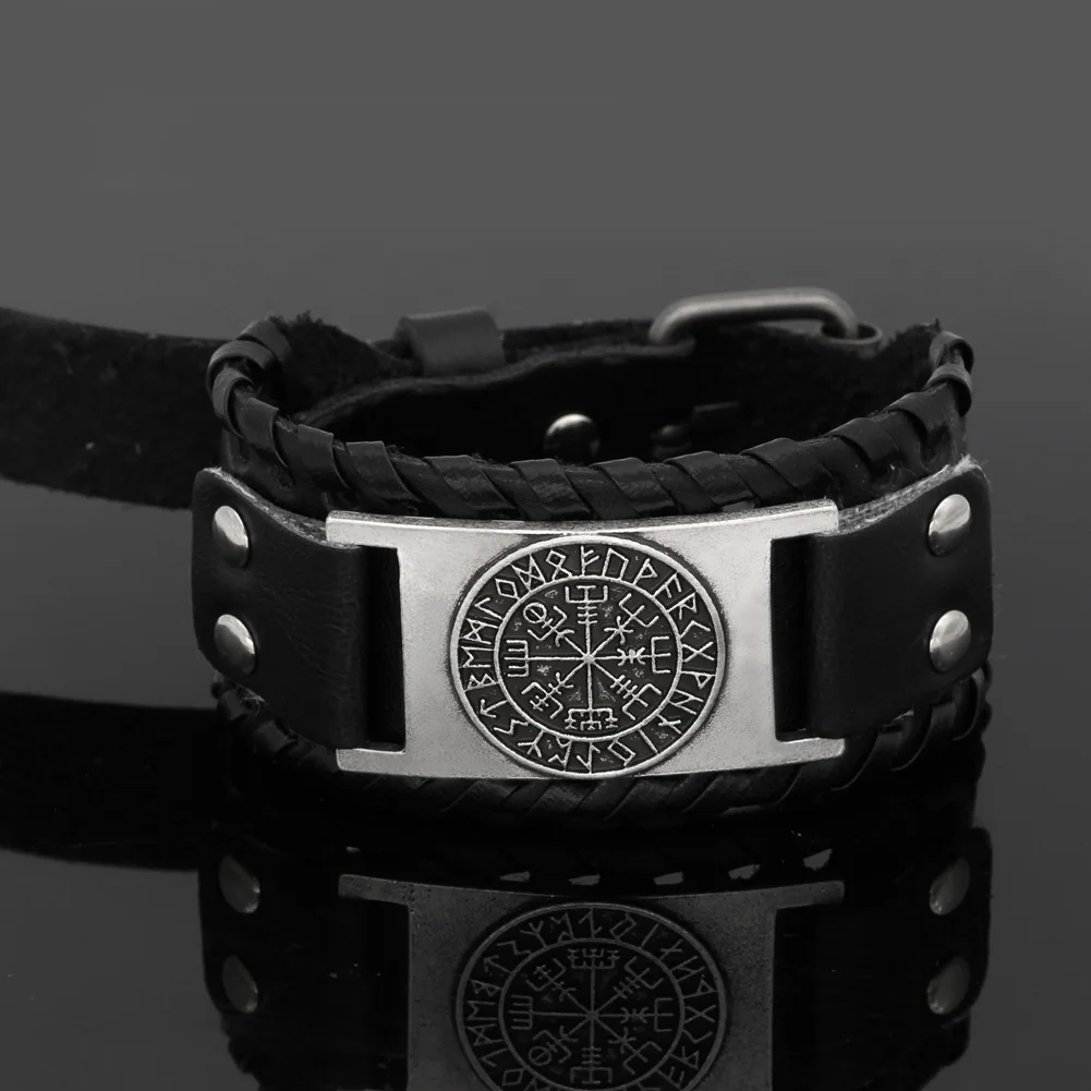 Nodic viking Vegvisir компас кожаный амулет символ Одина браслет регулируемый размер 19 25