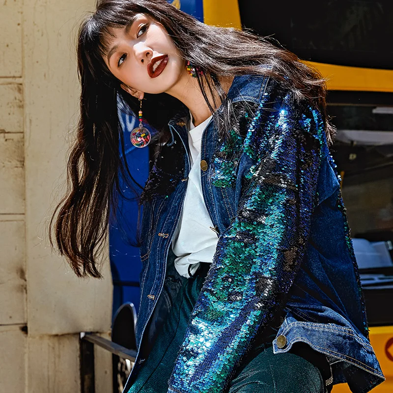 Denim Droite souris Style Street Originale High Conception Des Lâche Manteaux Nouveau A8018 Blue Spliced Coton Paillettes Manteau Femmes Chauve Chic De Manches qCvnx