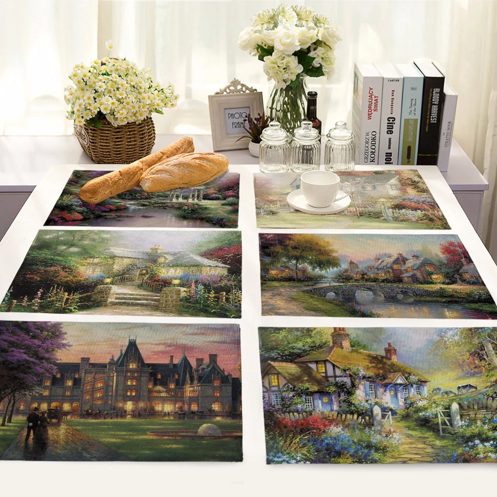

American Style Table Placement Coaster Wonderful Village City Landscape Printing Dinning Bowl Cup Pad Eco Durable Linen Placemat