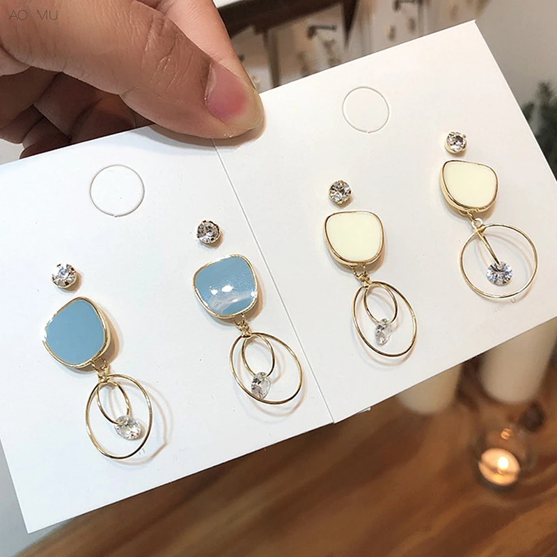 

AOMU Sweet S925 Sterling Silver Pin Color Enamel Zircon Metal Circle Hollow Dangle Drop Earrings for Women Girl Party Jewelry