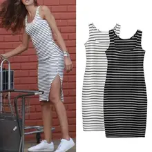 Yfashion Side Slit Stripe Bodycorn Dress Women Sleeveless Cotton Summer Dresses Fashion Sexy Slim Casual Vest Bottoming Dress casual side slit sleeveless women s midi dress