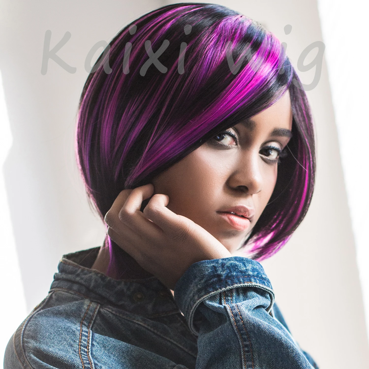 Short Black Bob Wig Mix Purple Hair Short Bob Cut Wigs For Girls