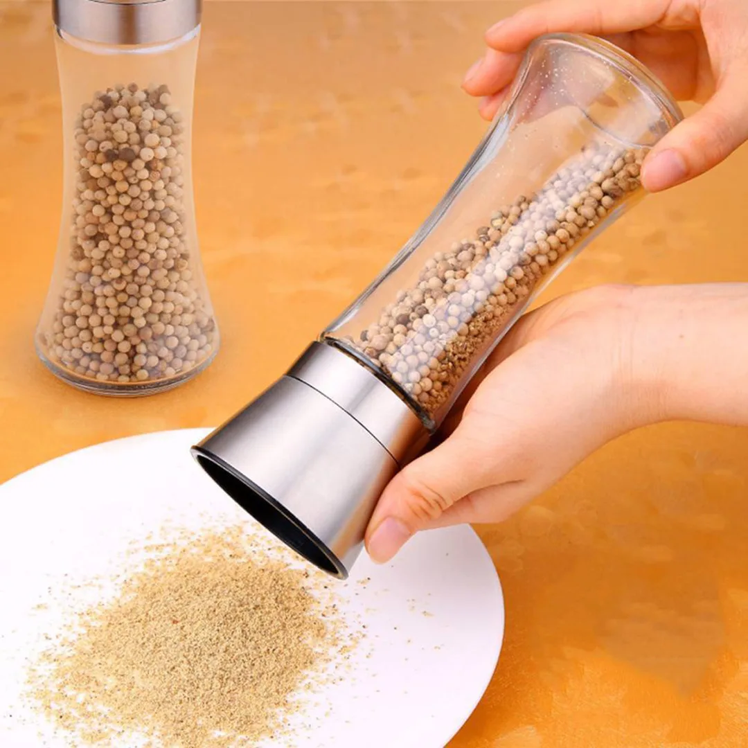 Salt And Pepper Grinder Set Salt Mill Pepper Mill Spice 304 Stainless Steel Lid Slim Glass Bottle Adjustable Ceramic Rotor