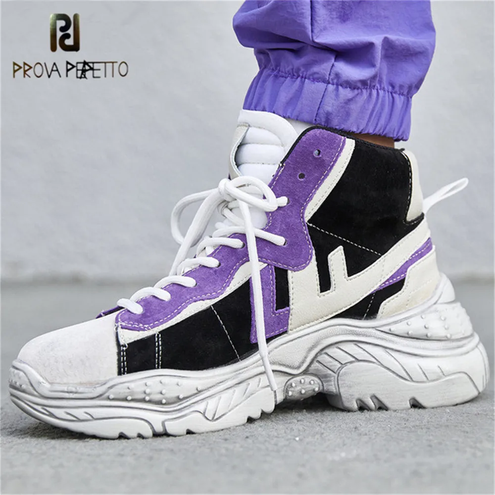 

Prova Perfetto Fashion Women Thick Sole High Top Sneakers Patchwork Real Leather Lace Up Causal Shoes Tennis Female Dad Sneakers
