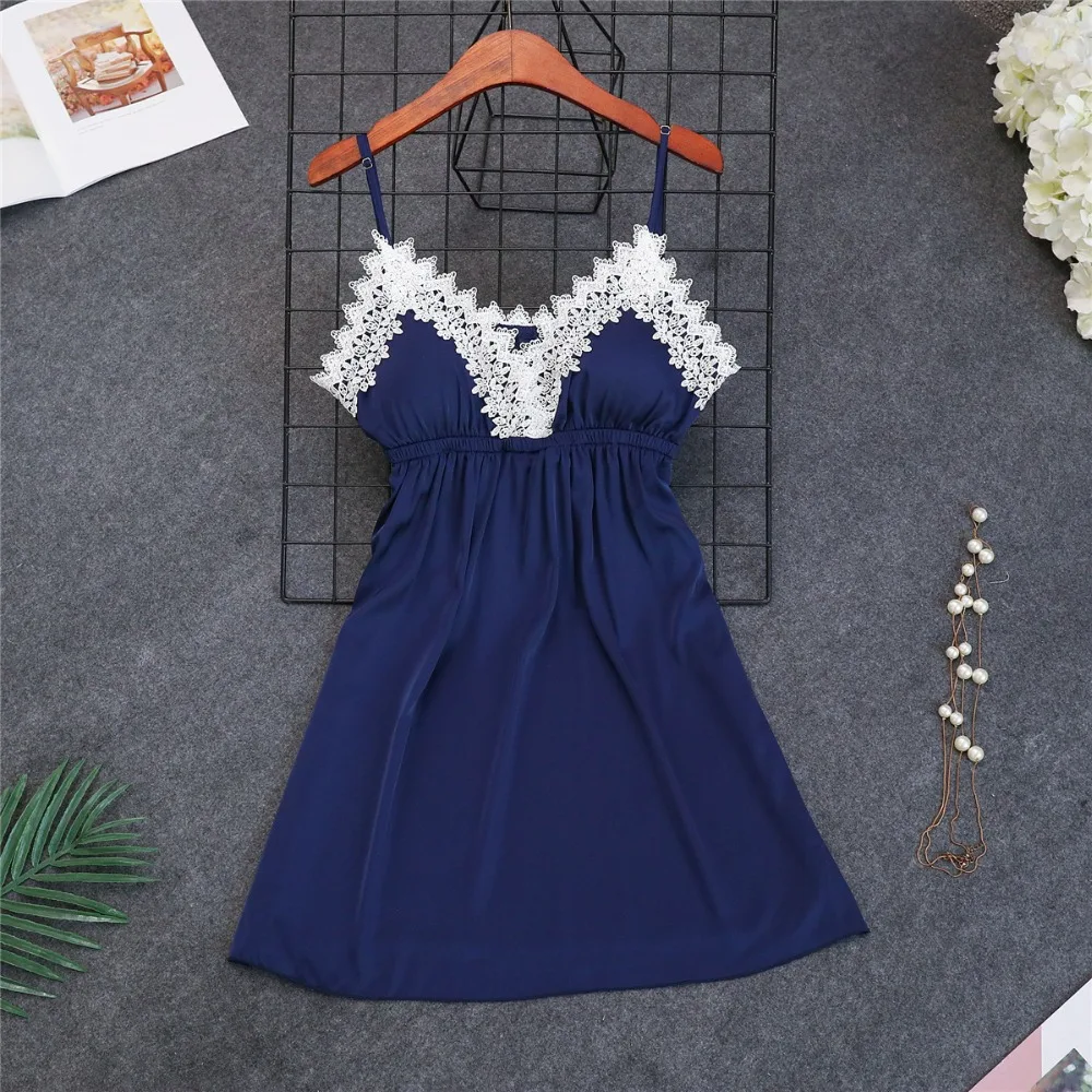 

Herislim Women's Nightgown Silk Satin Sleeveless Summer Home Dress Sexy Lace Trim Nightdress Appliques Sleepwear With Chest Pads