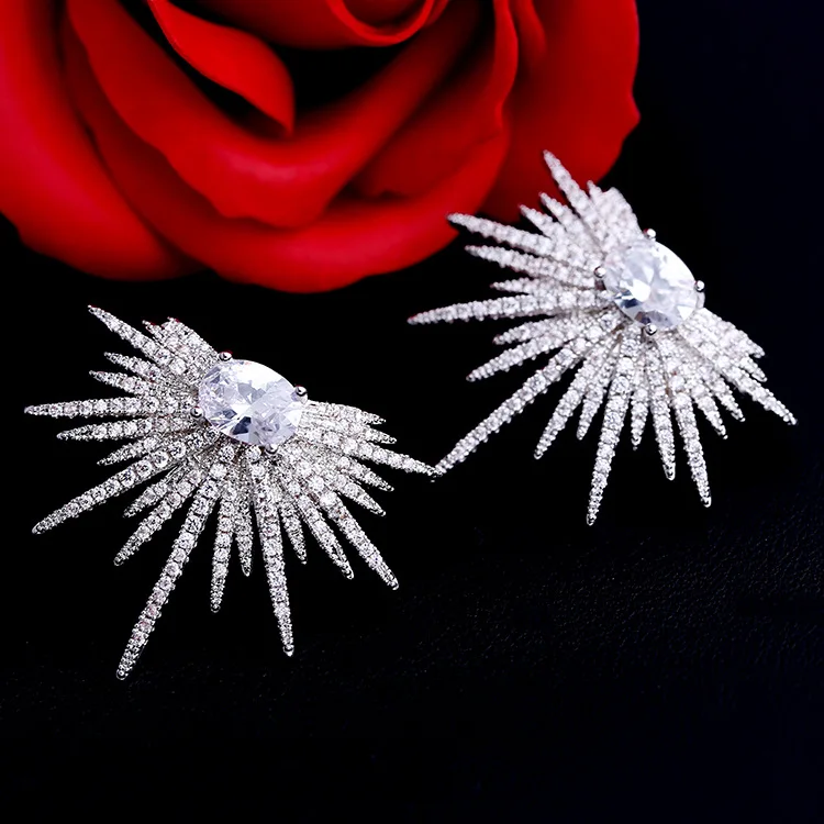 

AlooWay 925-silver pin zircon inlaid luxury high flower earrings exaggerated fashion hot jewelry