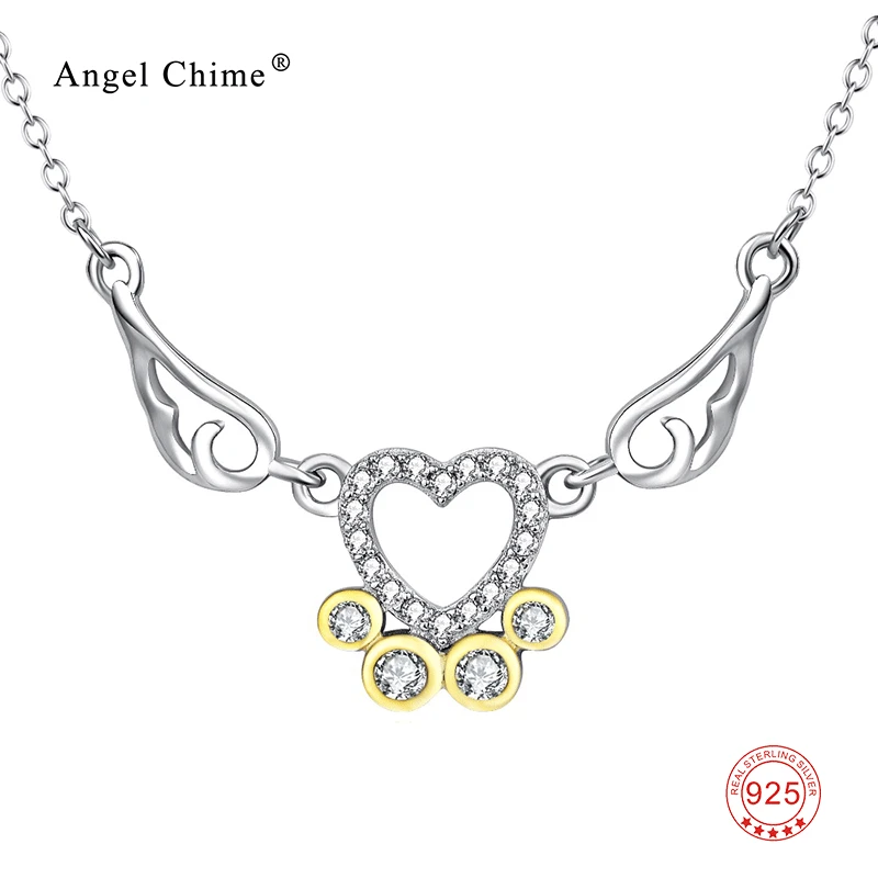 

925 Sterling Silver Crystal Love Heart Dog Paw Print Pendants Dream Wings Animal Footprint Claw Statement Necklaces Women Kolye