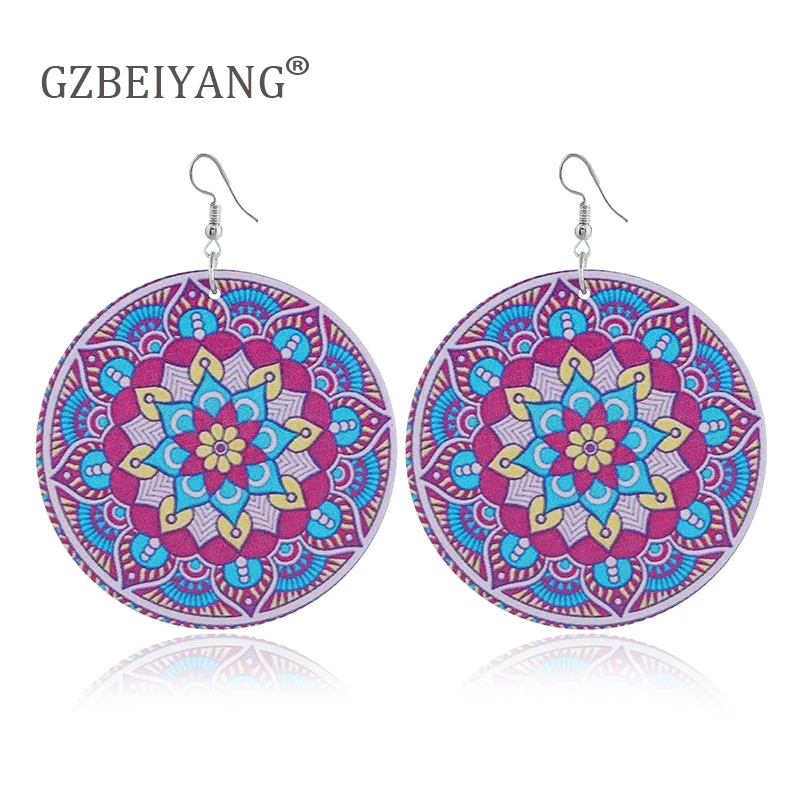 GZBEIYANG 2019 винтажные цветочные круглые серьги с подвесками принтом мандалы для