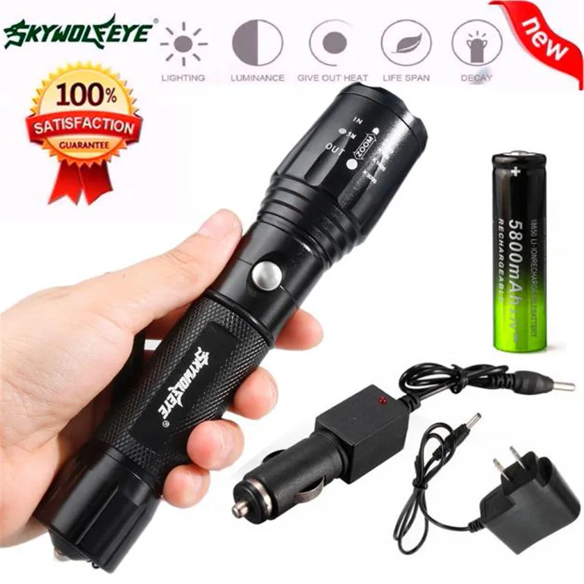 

High Quality X800 Zoomable XML T6 LED Tactical Police Flashlight+18650 Battery+Charger+Case