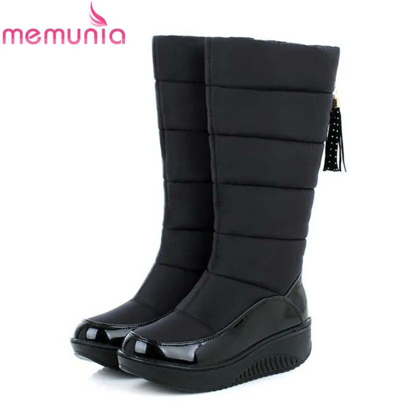 

MEMUNIA new keep warm fur knee high boots wedges round toe platform patent leather down women snow boots mid calf boots