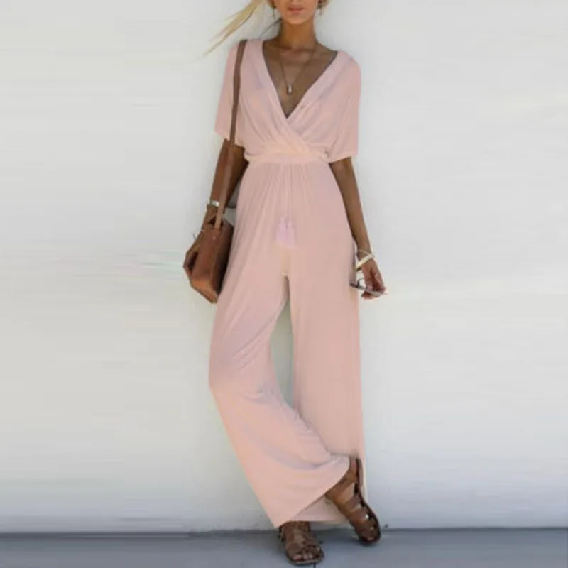 Women's V Neck Long Playsuit Ladies Short Sleeve Casual Evening Jumpsuit Romper