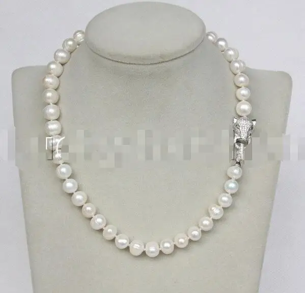 

Free Shipping>> new hotnatural 17" 10mm near round white freshwater pearl necklace leopard clasp j11715