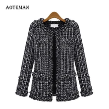 Осенне-зимнее женское пальто элегантное приталенное клетчатое пальто с длинным рукавом женское винтажное официальное твидовое пальто размера плюс с кисточками черное 4XL