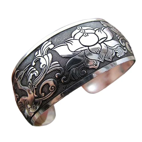 

Women Vintage Ethnic Style Open Jewelry Tibetan Silver Bangle Wide Cuff Bracelet