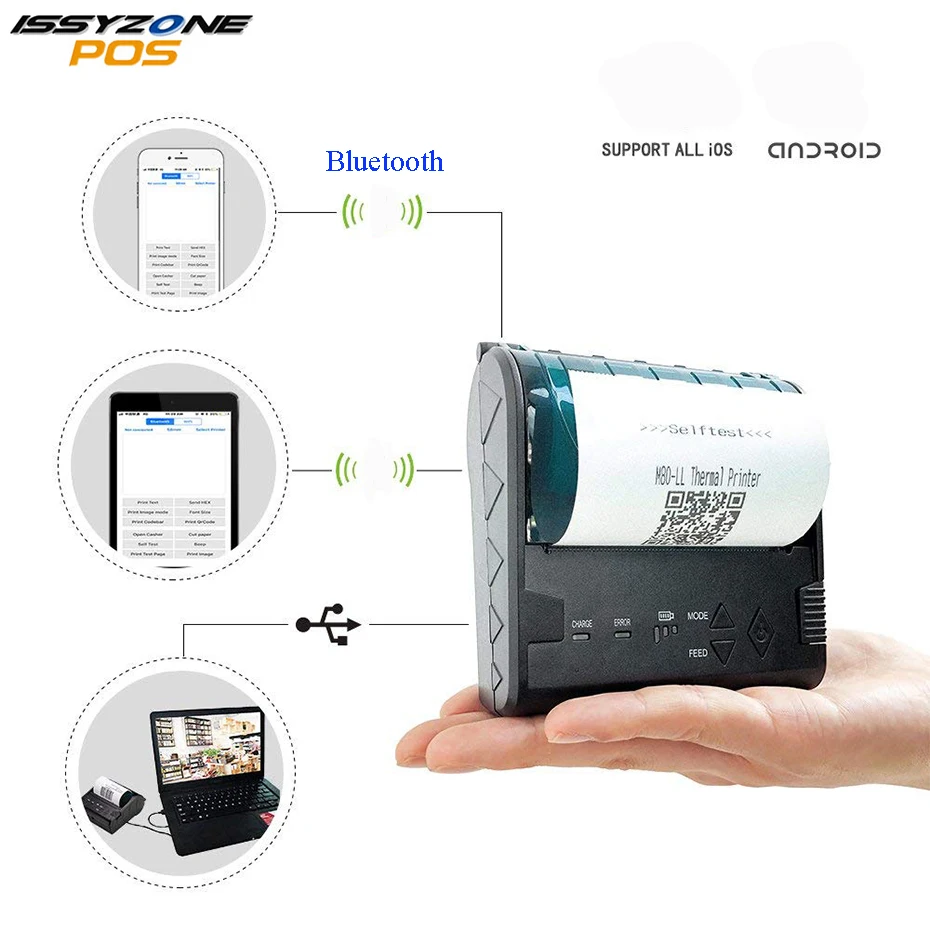 

ISSYZONEPOS 80mm Bluetooth Portable Thermal Receipt Printer for iOS Android Windows Liunx Barcode Printiner In Restore Stores