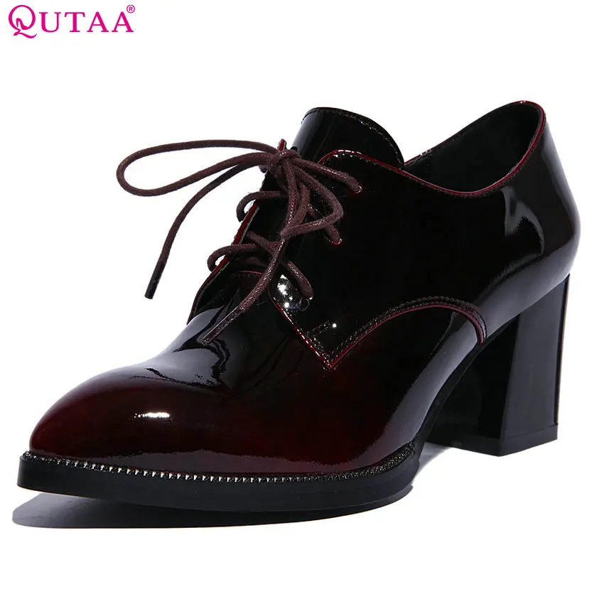 

QUTAA 2018 Women Pumps Lace Up Patent Leather Fashion Pointed Toe Spring and Autumn Square High Heel Ladies Pumps Size 33-43