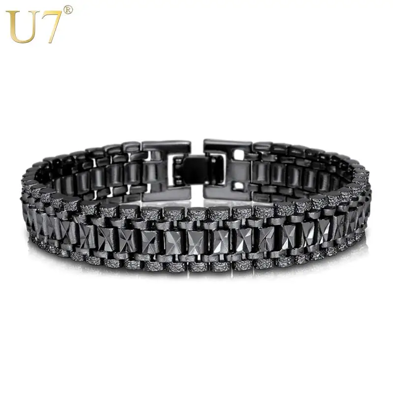 U7 Mens Bracelet Punk Rock Style Black/Silver/Gold Color