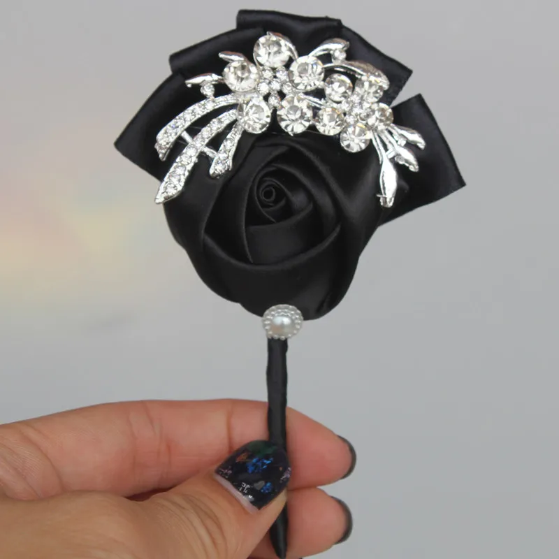 Бургундия атласная роза Свадебный корсаж для жениха бутоньерка DIY кристалл брошь свадебное украшение невесты best для человека XH001-4 - Цвет: black