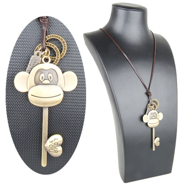 

Zodiac Necklace Monkey Initial Necklace Vintage Cute Pendant for Men Women Girl Animal Heart Key Long Leather Chain Collier Long