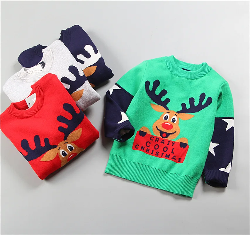 

18 Autumn and Winter Models Jacquard Christmas Deer Boy Round Neck Sweater Cotton Double Layer Warm Sweater Outside...
