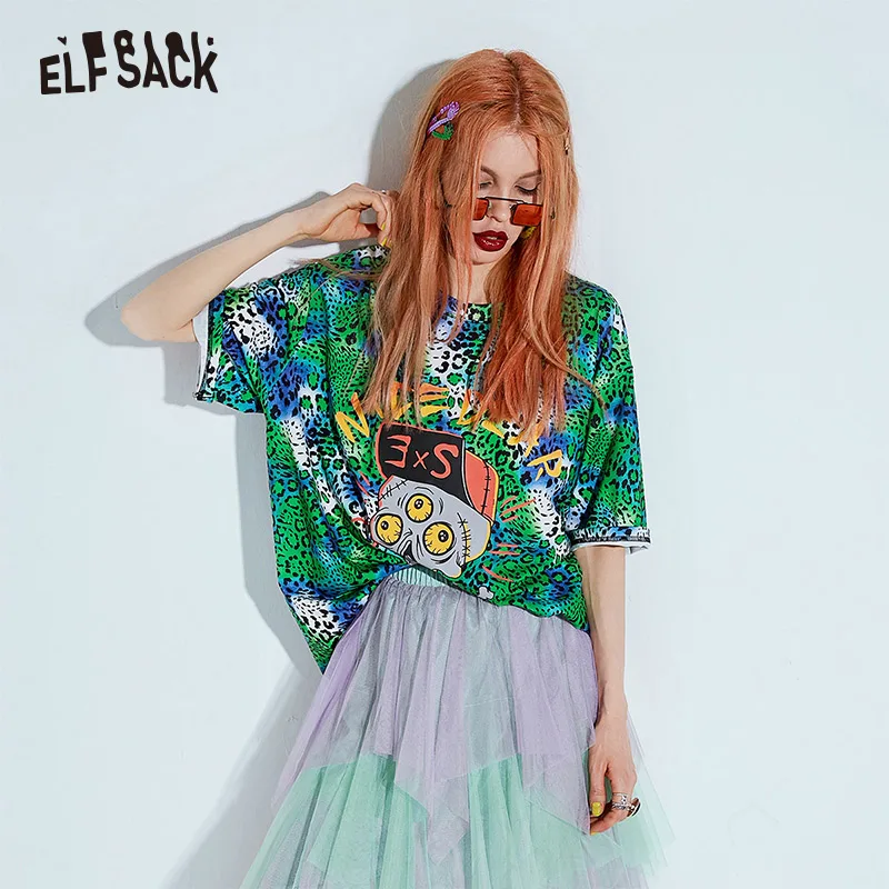 

ELF SACK Letter Print Green Leopard Women T-shirt Fashion O-Neck Streetwear Oversized Female Tee 2019 Summer Casual Woman Tops
