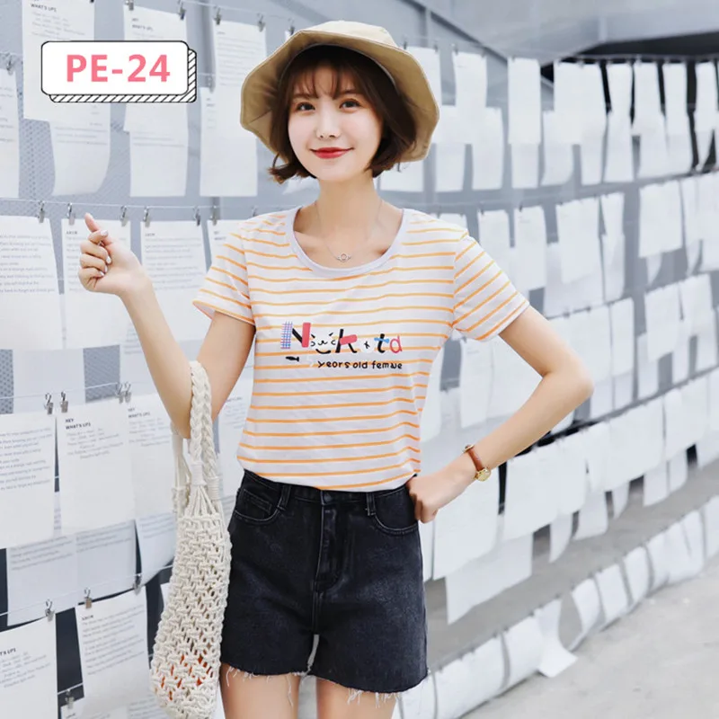 

Loose Casual T Shirt Women Fashion Cotton Striped Tshirt Short Sleeve O-Neck Summer T-shirt Korean Clothes Streetwear Tee Tops