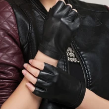 KURSHEUEL, модные мужские кожаные перчатки с полупальцами, натуральная кожа, перчатки для вождения, Женские однотонные черные митенки без пальцев, AGB158A