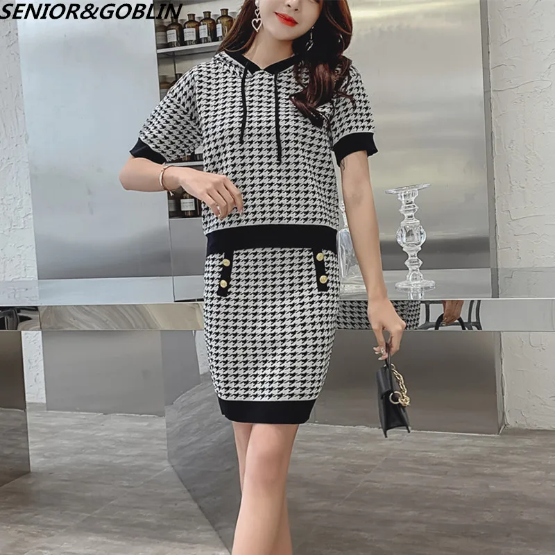 

New 2019 High Quality Spring Summer Autumn Women's Casual Short Sleeve Houndstooth Hoodies Tops+Skirt Set Sweater Two Piece Set