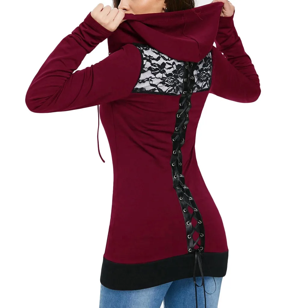 Женская блузка на весну и осень, женские блузки, повязки с длинным рукавом, Повседневная блузка, на шнуровке, на молнии сзади, с капюшоном, Женские топы и блузки