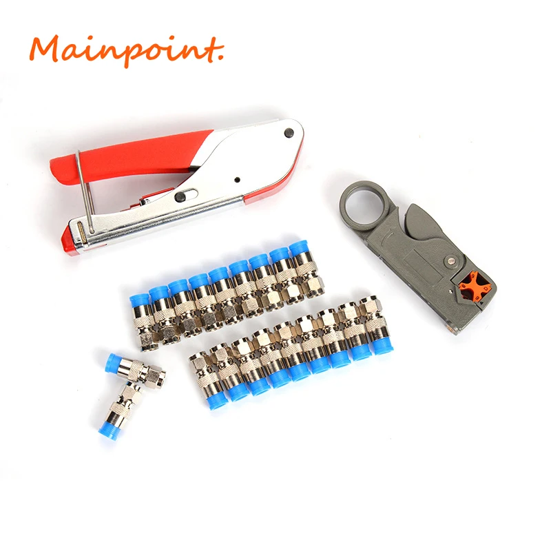 

Wire Stripping Squeezing Pliers Coaxial Cable Cold Press Clamp RG59 RG6 Cable TV Crimping Tool Set 20Pcs F Connectors Hand Tools