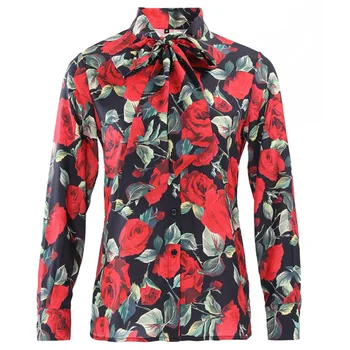 

Fashion Designer female Runway blouse Women's Long sleeve Rose Printed Bow Collar Shirt High Quality Tops Blouse Plus size 3XL