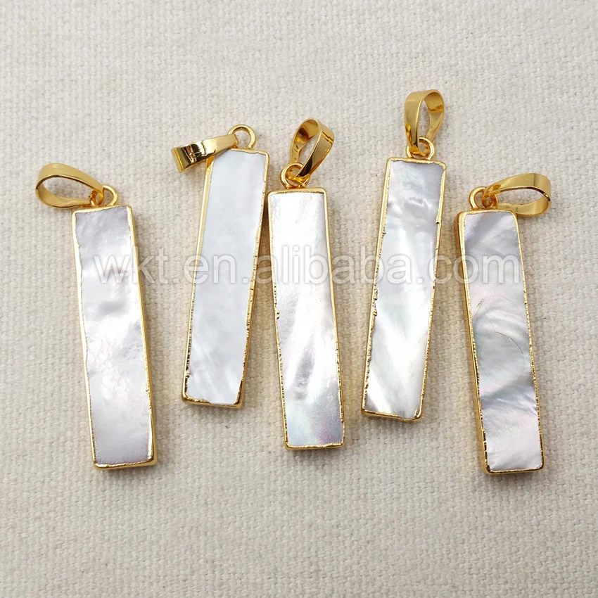 

WT-P1051 5pcs/lot Rectangle Shell Pendant for Necklace Making , about 8*35mm Natural Pearl Rectangle Pendant with gold strim