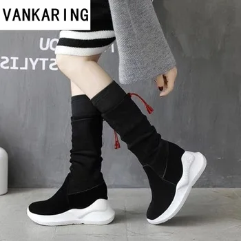 

VANKARING autumn winter mid calf shoes woman ankle boots woman round toe European black shoes women warm platform snow boots