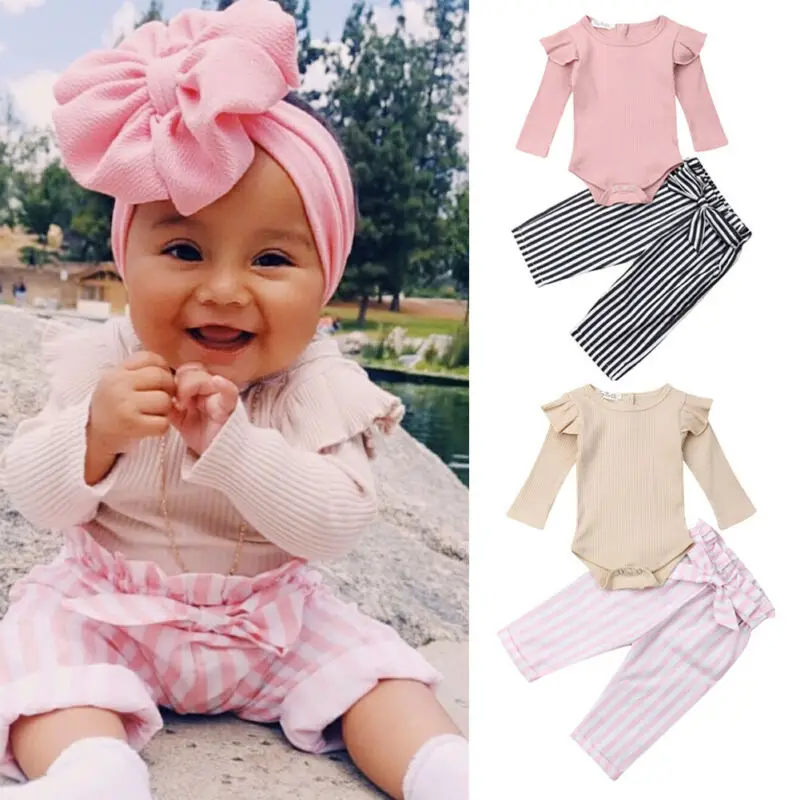 Cute Newborn Infant Baby Girl Sweet Outfit Clothes Ruffle Long Sleeve Romper Bow Tie Striped Pants Trousers Clothes Set