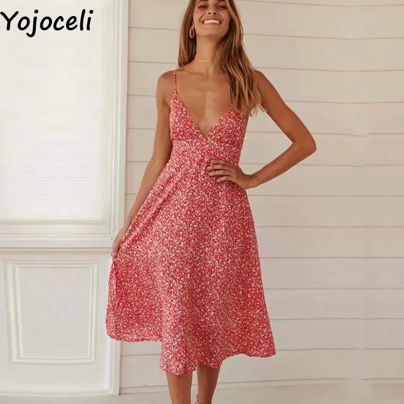

Yojoceli Sexy long print strap sundress women Summer elegant beach cool dress female Party casual daily sundress vestidos