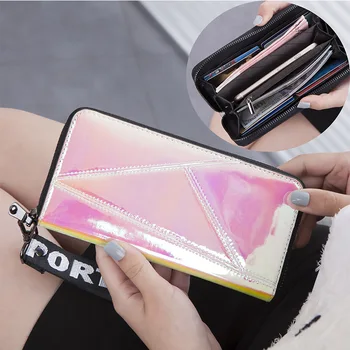 

New Lanyard Laser Holographic Wallet Women Long Purse Female Clutch Bag Women Wallets Purses Portfel Zip Phone Pocket Carteras