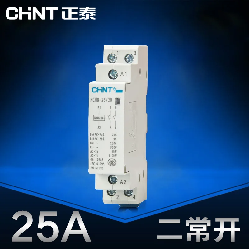 

CHINT Mini single-phase AC contactor 220V Din Rail Type NCH8-25/20 two Normally Opem 2P 25A