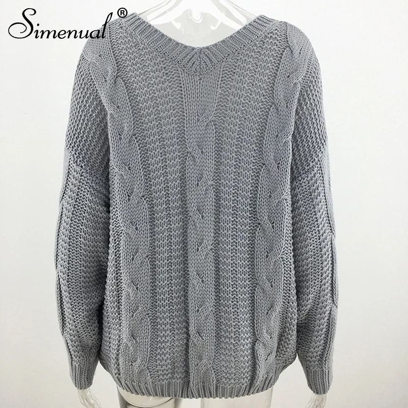 Simenual, твист, вязанные, одноцветные, женские свитера с длинным рукавом, Осень-зима, джемперы с v-образным вырезом, пуловеры, Модный повседневный базовый свитер