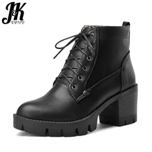JK/зимние женские ботильоны; обувь из толстого плюша с круглым носком на шнуровке; женские мотоциклетные ботинки из искусственной кожи; женская обувь на платформе и высоком каблуке
