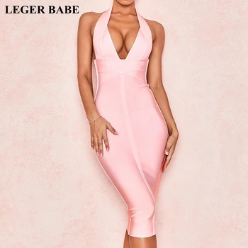 

LEGER BABE Halter Women Summer Boutique Backless Bandage Dress Sexy V-Neck Celebrity Party Dress Pink White Black Khaki Vestidos