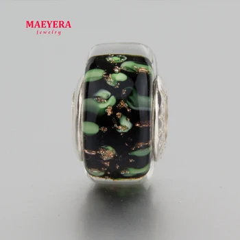 

MAEYERA Authentic 925 Sterling Silver Lampwork Beads Sands Green Dot Murano Glass Beads Fit European Charm Bracelet 920312