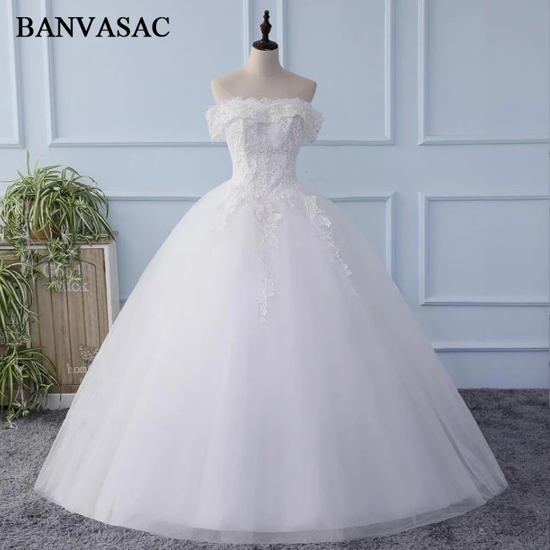 

BANVASAC 2018 Real Photos Boat Neck Sequined Embroidery Ball Gown Wedding Dresses Elegant Lace Appliques Bridal Dresses