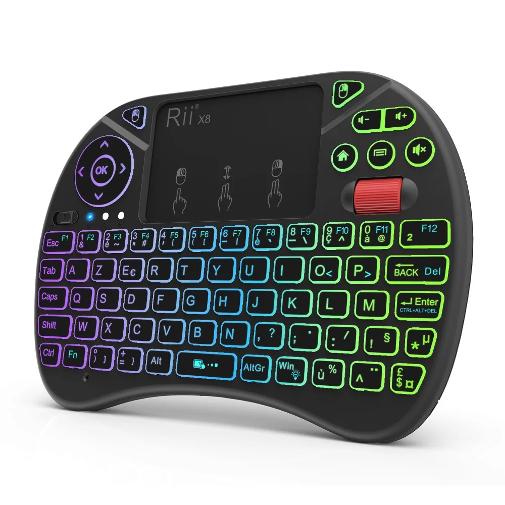 Дешево Оригинальный Rii X8 2,4 GHz AZERTY мини французская беспроводная клавиатура с тачпадом, сменный СВЕТОДИОДНЫЙ Цветной подсветкой, литий ионный аккум...