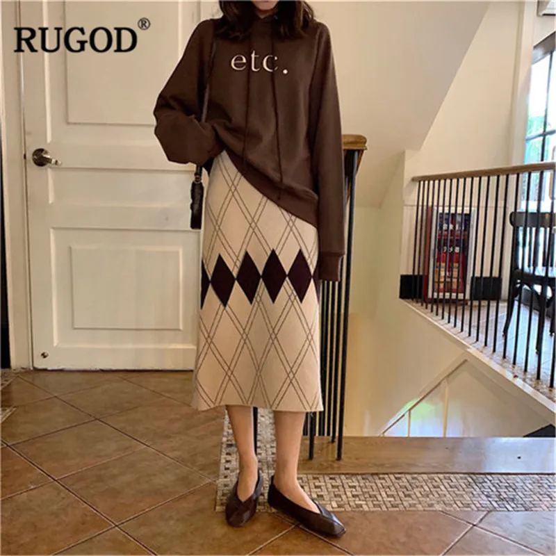

RUGOD 2019 Korean Hight Waist Skirt Women Casual Straight Plaid Loose Knitted Long Skrts Female Midi Sweater skirts Jupe Femme
