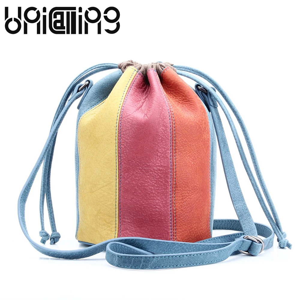 Emmer tas vrouwen mode panelled kleurrijke gestreepte patchwork lederen emmer zak lederen schouder trekkoord emmer Emmer tas vrouwen mode panelled kleurrijke gestreepte patchwork lederen emmer zak lederen schouder trekkoord emmer
