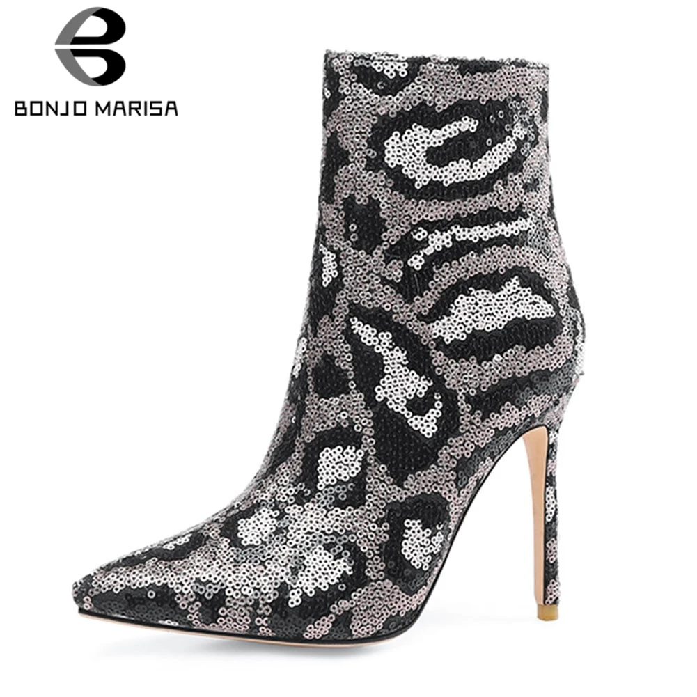 

BONJOMARISA New Big Size 33-43 Bling Pointed Toe High Heels Zip Shoes Woman Casual Party Sexy Autumn Winter Ankle Boots 2020