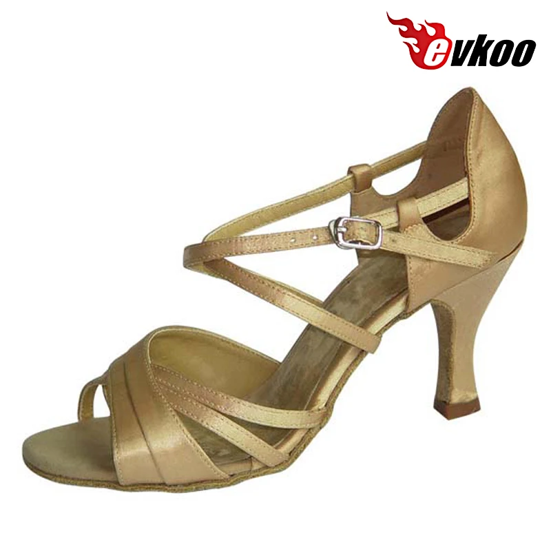 

Evkoodance Satin Woman Latin Salsa Dance Shoes 7 cm Heel Khaki Color Stable Strap Special New Design Evkoo-213