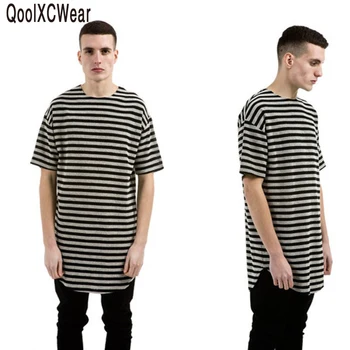 

QoolXCWear Extended Hem Lengthen Short Sleeve Saint Stripe T Shirts Man/ Extended Long Sleeve Stripe T shirt Hip Hop Shirt Men