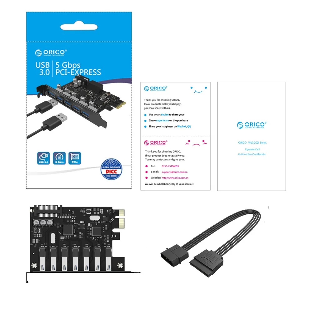 ORICO SuperSpeed USB 3,0 7 портов PCI-E Express карта с 15pin SATA разъем питания PCIE адаптация VL805 и VL812 наборы микросхем