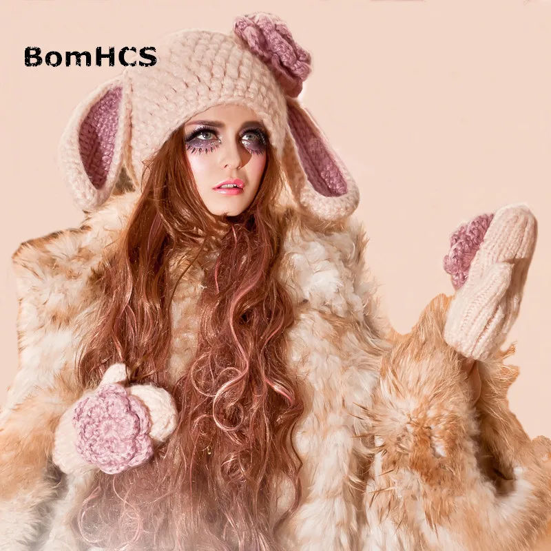 BomHCS бини перчатки милые для женщин и девочек с заячьими ушками шапка с большими цветами Зимние теплые вязаные шапки ручной работы